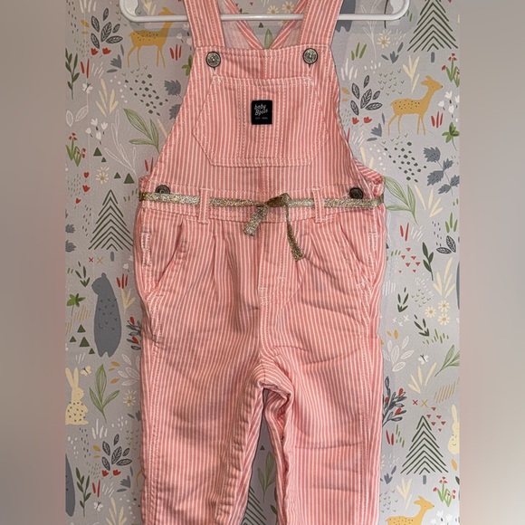 OshKosh B'gosh Other - Oshkosh Baby B’Gosh Pink Hickory Railroad Stripe Stretch Overalls w Gold Belt 6M